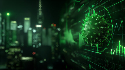 Fototapeta premium Green illustration of global COVID-19 infection increasing, chart coronavirus background. Healthcare concept with copy space.