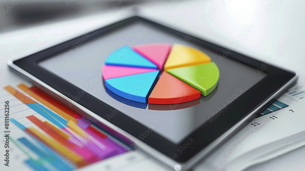 Leinwandbilder A digital tablet displaying a pie chart with colorful segments, showcasing statistical data and insights for decision-making.