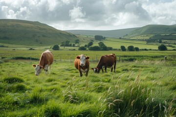 Farm Pasture: Cows Grazing in Grassy Field with Cattle Herd in Background, County Clare, Ireland