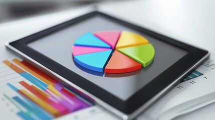 A digital tablet displaying a pie chart with colorful segments, showcasing statistical data and insights for decision-making. - Powered by Adobe