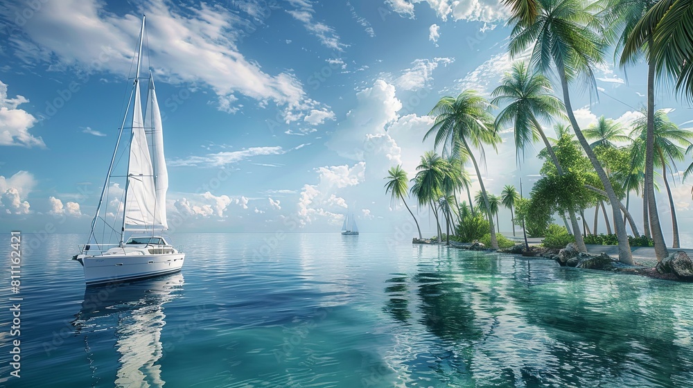 Poster a sailboat gracefully floats on a calm body of water, framed by lush palm trees swaying gently in th