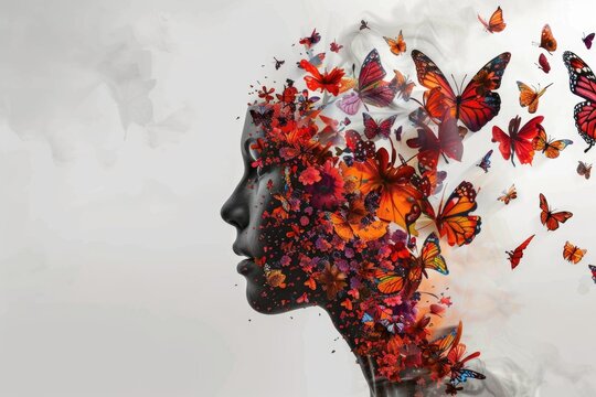 Close-up of a woman with butterflies on her face. Suitable for beauty and nature concepts