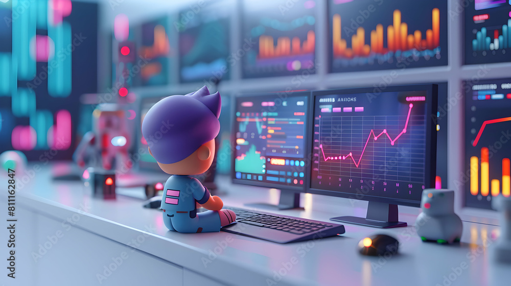 Poster isometric 3d cute icon: crypto trader analyzing market sentiment with advanced software tools in dyn
