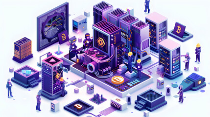 Crypto Miners at Work: 3D Cute Icon Concept Operating Mining Rigs in High Tech Facility for Blockchain Transactions Validation in Isometric Scene