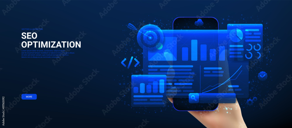 Poster creative banner of seo optimization. web analytics and seo marketing social media. polygonal vector 