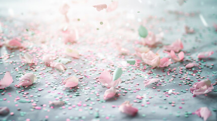 Pastel pink and sea green confetti sprinkling over a soft grey canvas, evoking a subtle celebration.