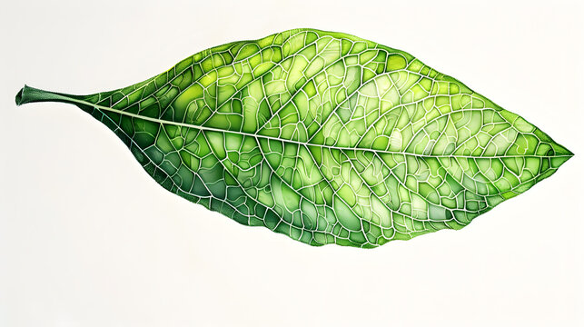 A single green leaf with visible veins against a white background