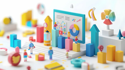 Digital Marketing Team Analyzing Campaigns with 3D Cute Icons in Isometric Scene