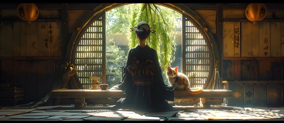 A serene scene in a traditional Japanese setting, featuring a woman in kimono gazing out a circular window, accompanied by a small cat 1.