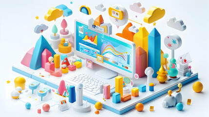 Isometric 3D Cute Icon: Digital Marketing Team Analyzing Campaigns for Future Optimization in Online Campaign Results Scene