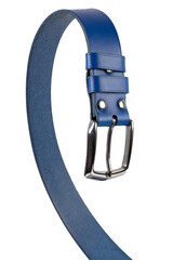 The blue leather belt with a metal buckle is beautifully curved and isolated on a white background.