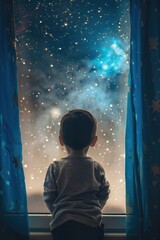 Young boy admiring stars through a window, suitable for educational materials or astronomy-related projects