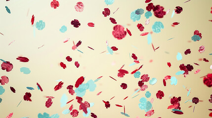 Ruby red and soft blue confetti raining down on a pale yellow backdrop, perfect for a cheerful and festive atmosphere.