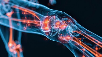 human joint in a close up shot, with glowing red and blue elements around it