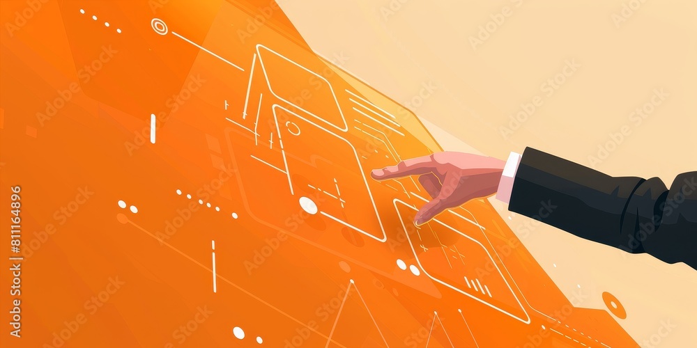 Poster a hand is pointing at a screen with a design on it. the design is orange and has a lot of dots. scen