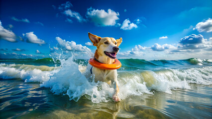 happy dog is surfing