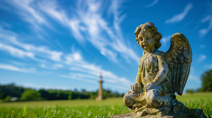 Fototapeta premium Weathered Angel Statue in a Sunny Field