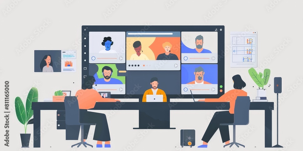 Poster a group of people are sitting at a table in front of a computer monitor. the monitor has a video cal