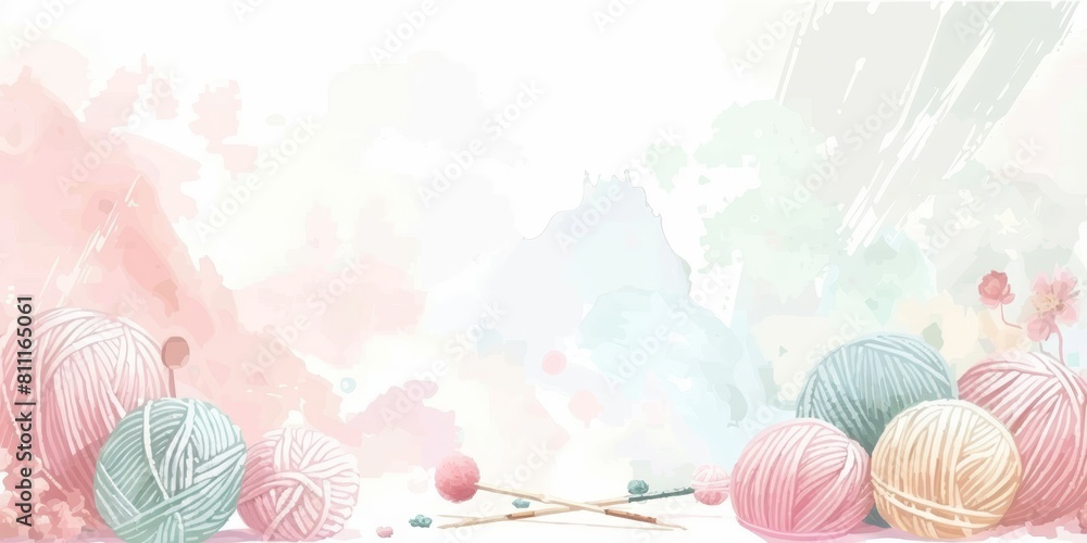 Poster a colorful array of yarn balls and knitting needles on a white background. the yarn balls are of dif