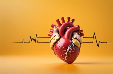 heart rate with human heart model, yellow background