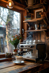 Cozy interior with espresso machine, cup, and flowers on a wooden counter