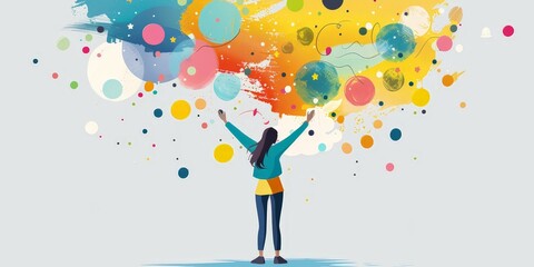A woman is standing in front of a colorful explosion of circles. She is holding her arms up in the air, as if she is celebrating or expressing joy. Concept of happiness and excitement