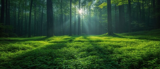 Fototapeta premium pine tree forest with sunlight and moss ground, morning sunlit with green, Generative Ai