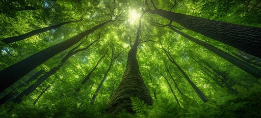worm-eye-view of pine tree forest with sunlight and moss ground, morning sunlit with green, Generative Ai