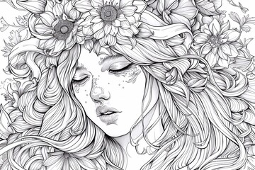 Coloring book antistress girl with flowers