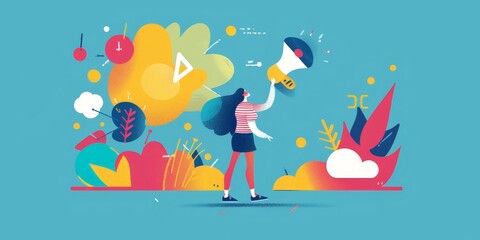 A woman is holding a megaphone and standing in front of a colorful background. Concept of excitement and enthusiasm, as if the woman is announcing something important or rallying people together