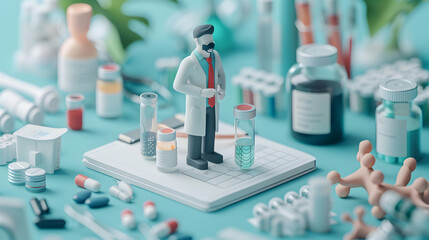 Isometric 3D Cute Icon: Healthcare Analyst Forecasts Market Shifts in Emerging Health Trends and Regulatory Changes Scene