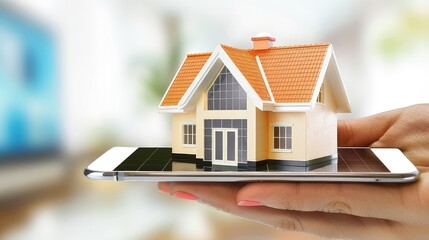 Close-up view of a unusual 3D illustration of a beautiful house on a smartphone in hand. Smartphone application for online search, purchase, sale and booking of real estate.