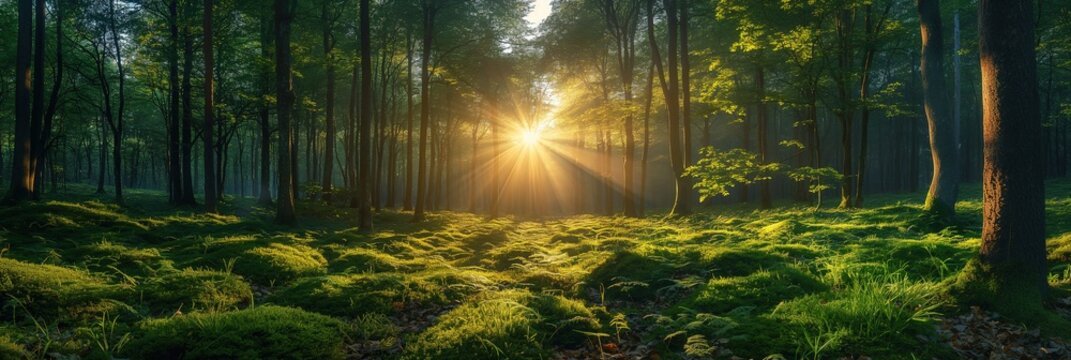 pine tree forest with sunlight and moss ground, morning sunlit with green, Generative Ai
