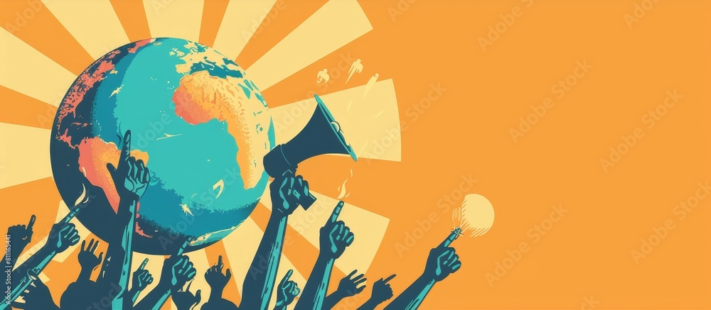 Poster a poster with a large globe and people holding up their hands with fingers pointing at it. the poste