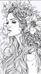 Antistress coloring book for children and adults girl with long hair in flowers, vertical photo