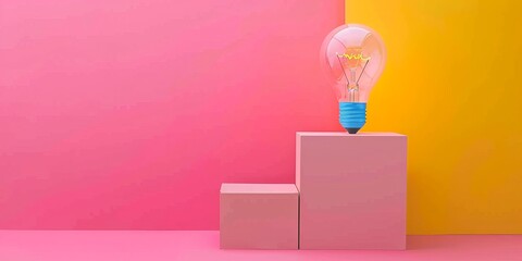 A light bulb is on top of a pink box
