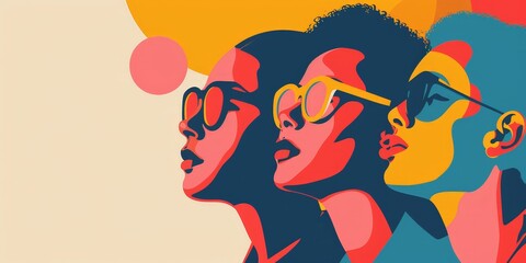 Three women with sunglasses on their faces. The women are wearing colorful glasses and are looking up at something