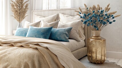 Cozy bedroom with beige linen bed, blue pillows and dried flowers in a golden vase on a side table near a white wall.