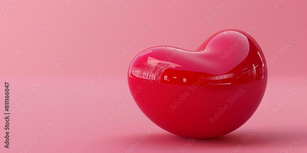 Poster a red heart is sitting on a pink background. the heart is shiny and reflective, giving it a sense of
