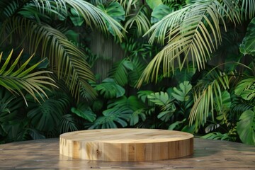 Fototapeta premium A round wooden table with a plant in the background. Suitable for home decor or interior design projects