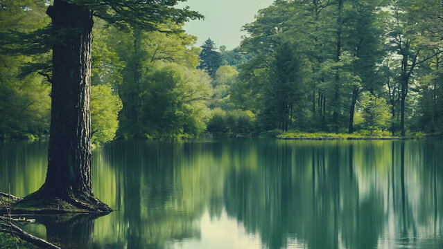 A lake with trees in the water 16:9 with copyspace
