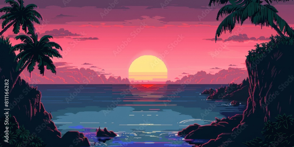 Poster a computer generated image of a sunset over the ocean with palm trees in the background