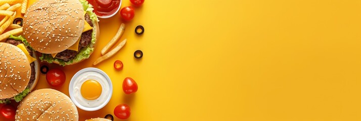 A yellow background with a plate of food including hamburgers, french fries, and tomatoes - Powered by Adobe