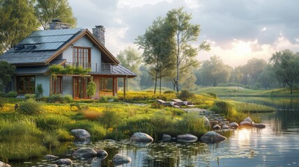 Obraz premium A house with a large yard and a pond in front of it