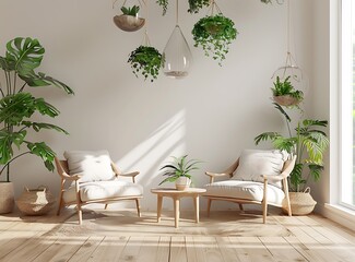 Beige living room interior with designed armchairs