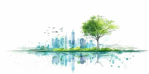 A city skyline with a tree in the middle of it. The tree is surrounded by water and birds are flying in the sky. Concept of peace and tranquility in the midst of a bustling urban environment