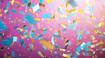 Soft blue and golden yellow confetti raining down on a magenta backdrop, creating a festive mood.
