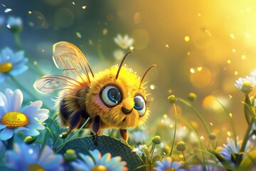 Fototapeta premium Cute cartoon baby bee with flower