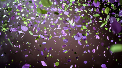 Soft lavender and bright green confetti cascading down a rich chocolate brown backdrop, perfect for an elegant and festive mood.