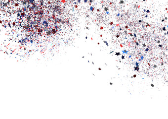 Festive background with confetti in the shape of stars in the color of the American flag. US independence day.